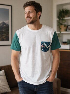 Hollister Pocket T-Shirt Men's XL White Teal Colorblock Short Sleeve Casual Crew